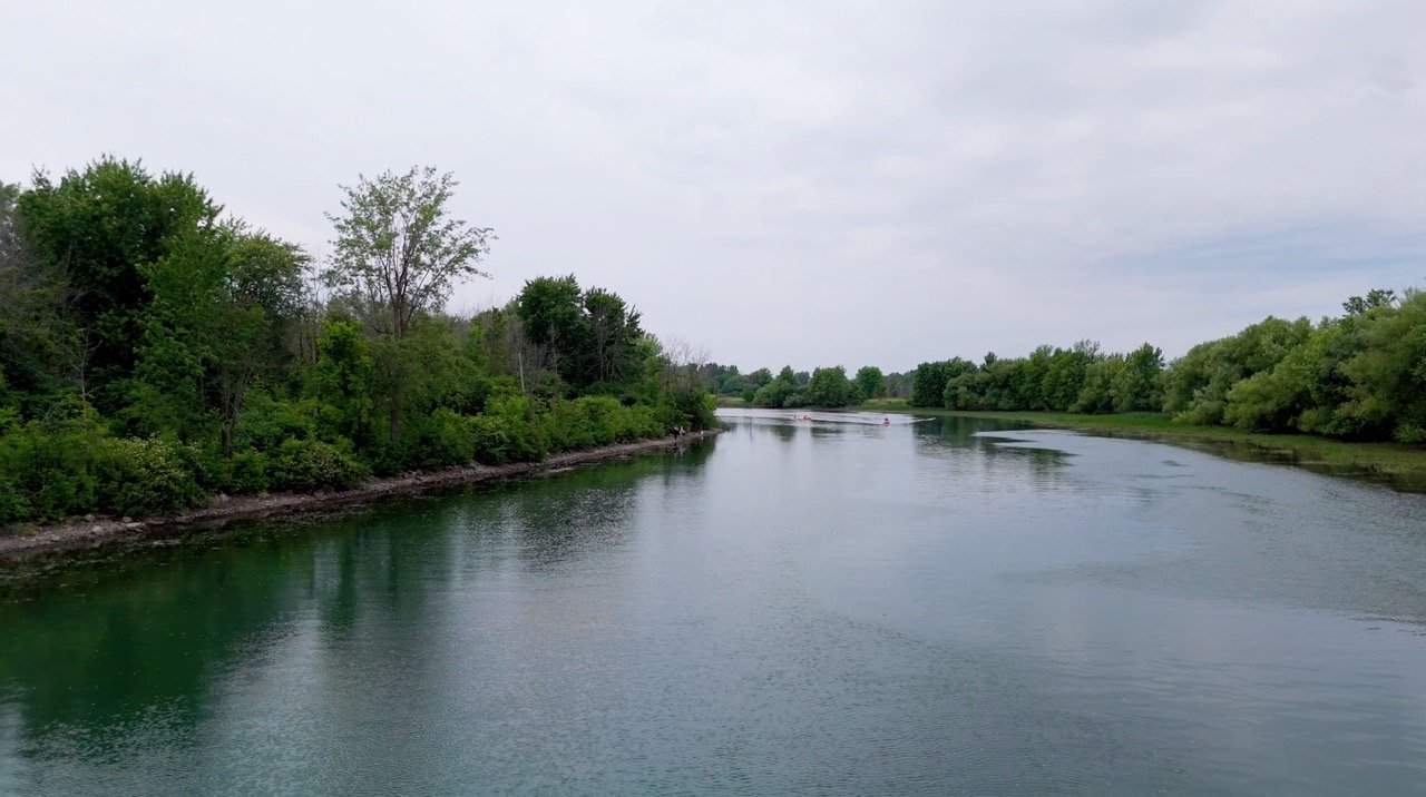 Aerial view of a bend in a river surrounded by trees