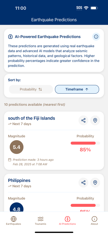 App screenshot of the live earthquake list