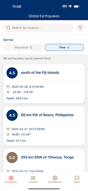 App screenshot showing detailed earthquake information