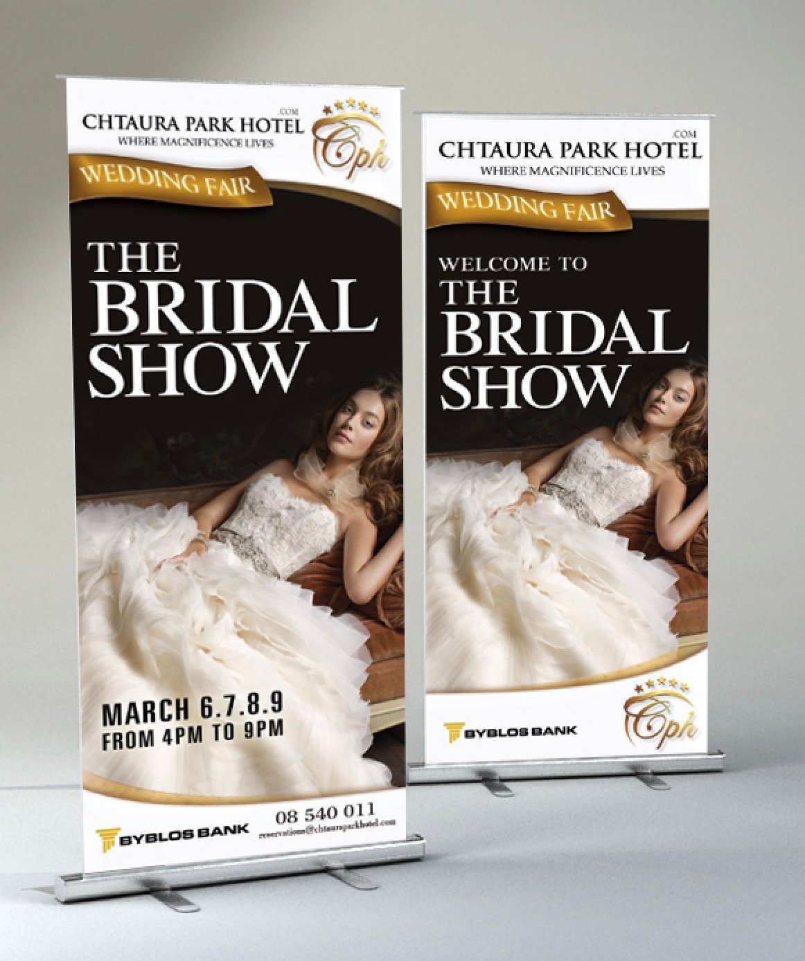 Large-format roll-up banners for the Bridal Show