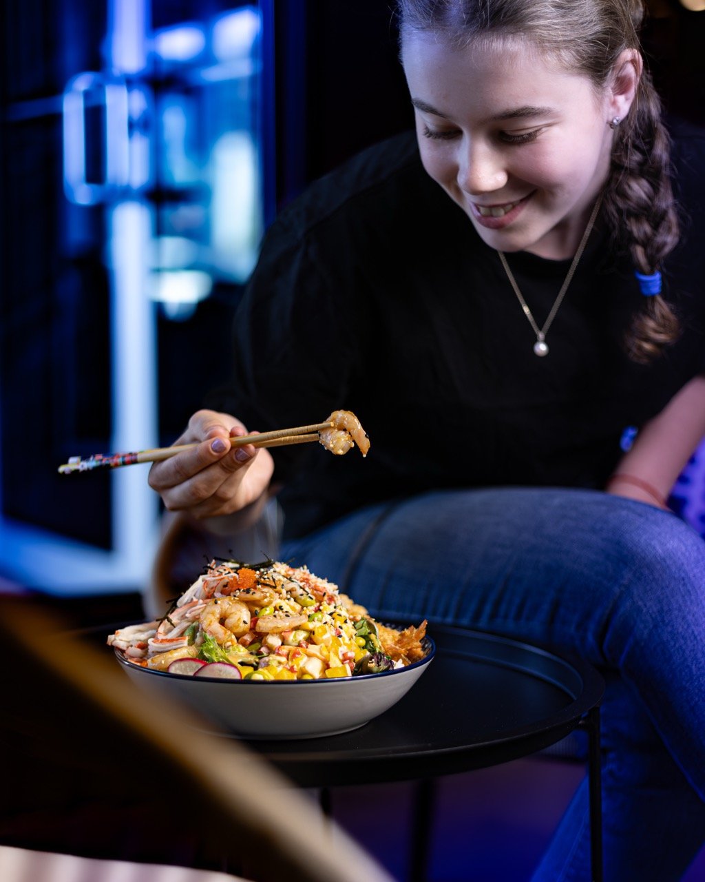 Colorful fusion bowl with shrimp and noodles