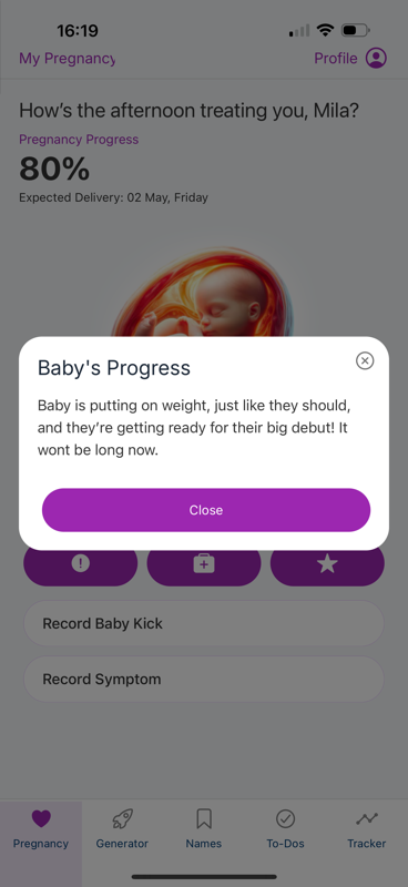 A pop-up showing the baby's progress